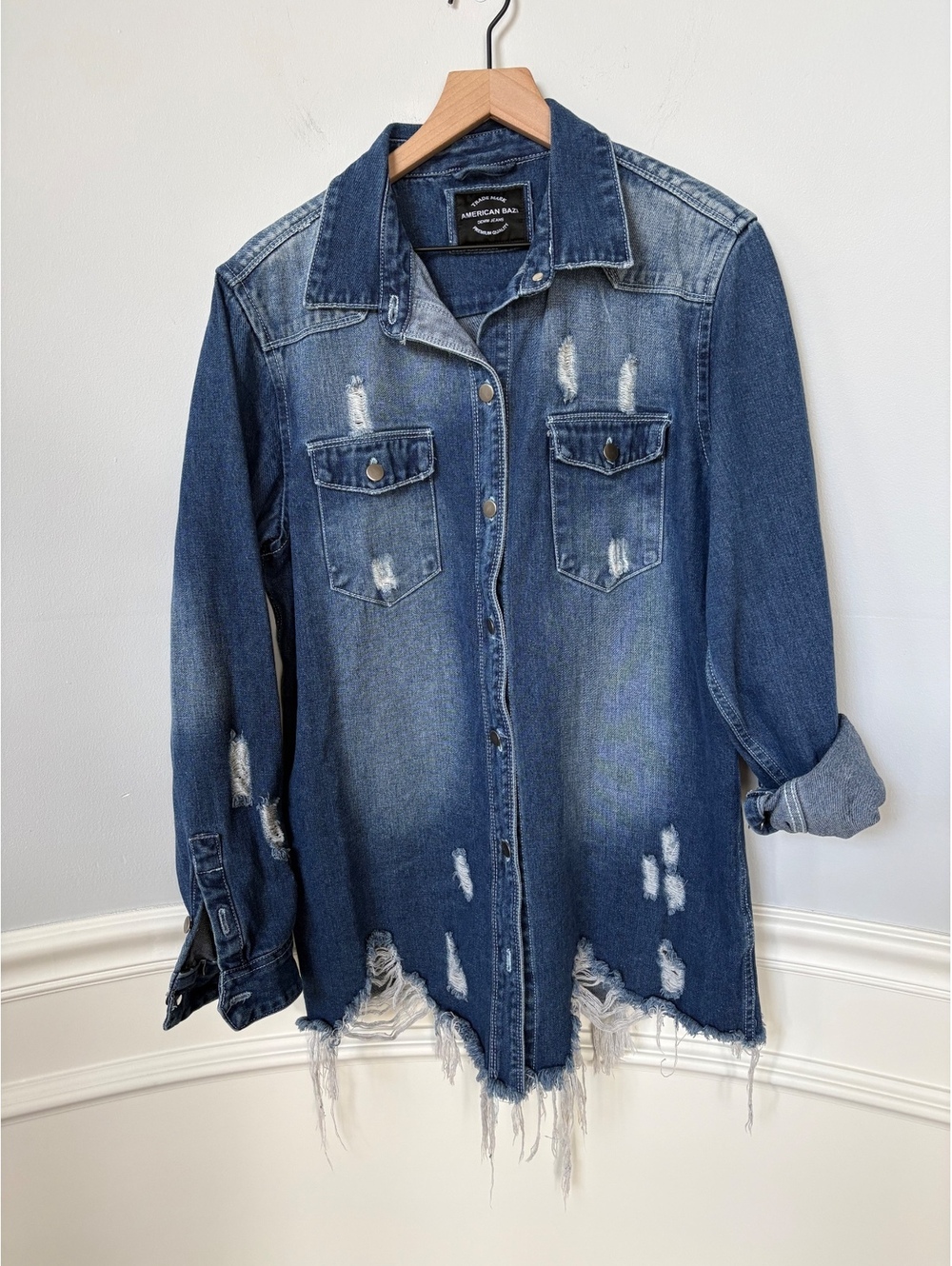 American Bazi Distressed Longline Denim Shacket Jean Jacket Medium Wash Size L